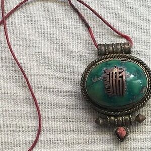 Vintage Coral and Jasper Tibetan Ghau Box Buddhist Prayer Box Pendant Necklace